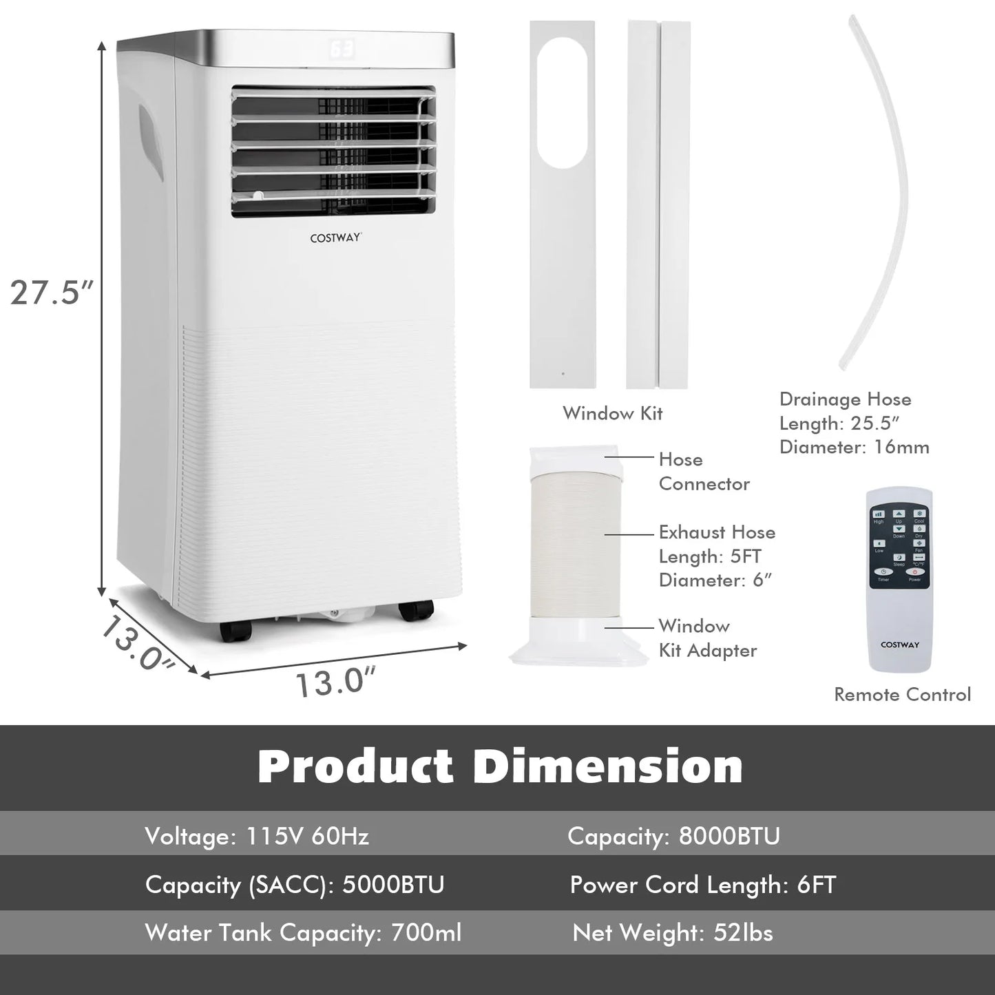 8000 BTU Air Cooler 3-in-1 Portable Air Conditioner with Dehumidifier White