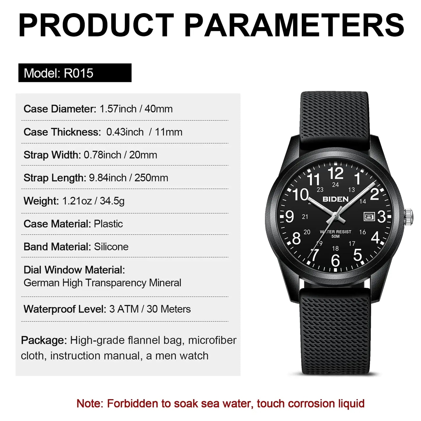 BIDEN Simple Casual Men's Quartz Watch Digital Edition Waterproof Calendar Luminous Silicone Strap Comes with Watch Box