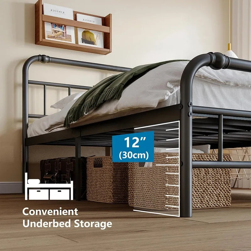 Metal Queen Size Bed Frame with Headboard and Footboard, 14 Inch High, 3500 Pounds Support, Non-Slip and Noise-Free