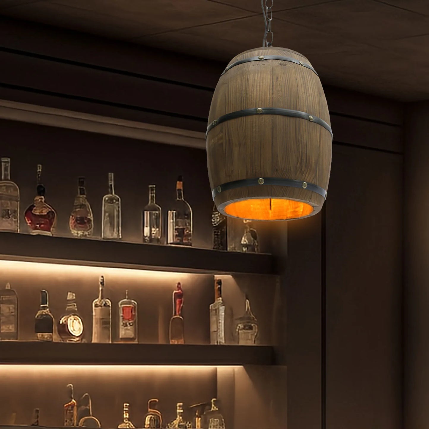 E26 Rustic Ceiling Lamp Vintage Wood Wine Barrel Pendant Lamp for Bars, Cafes and Living with a 90cm Adjustable Chain