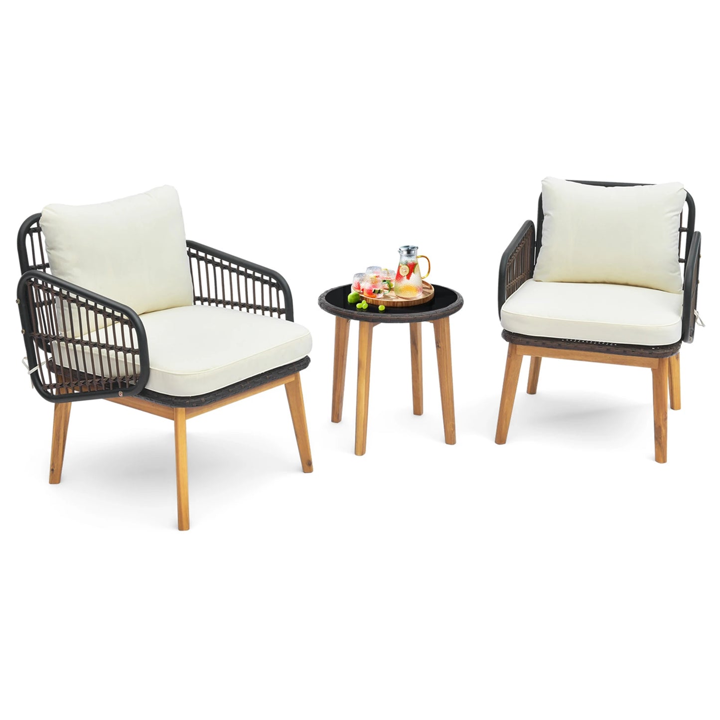 3 PCS Patio Furniture Set with Cushioned Chairs and Tempered Glass Side Table