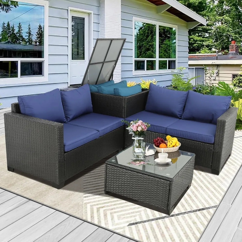 Outdoor Courtyard Furniture Set, Willow Sofa with Cushions and Coffee Table, Garden Outdoor Sofa Set, 4 Pcs