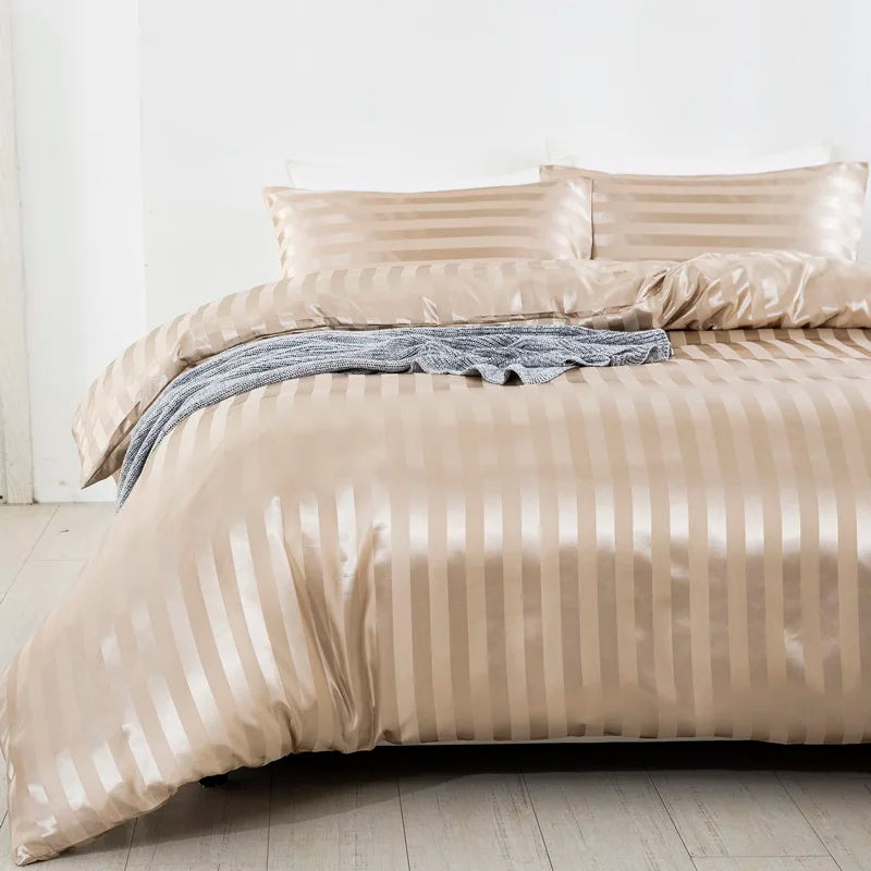 Satin Striped Duvet Cover Twin/Full/Queen/King/Single/Double Size Set, Luxury Silky Like Khaki Stripe Duvet Cover Bedding Set