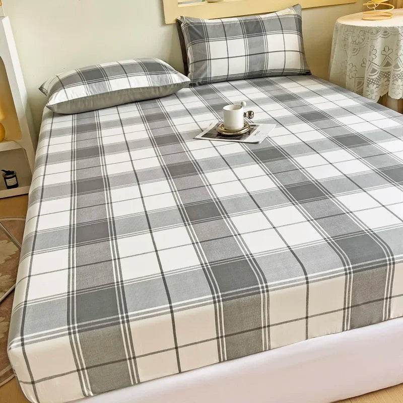 Simple Gray Checkered Fitted Sheet Set 3Pcs Geometric Plaid Non-slip Elastic Bed Cover with 2 Pillowcases Home Bedding Set