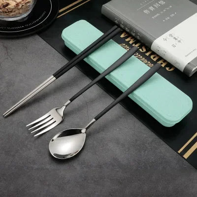 3-Piece Portable Flatware Set, Chopsticks, Fork and Spoon with Travel Case Cutlery Set For Home Office Camping Bento Box