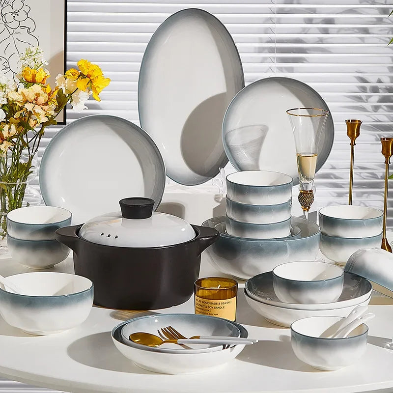 4 PCS Ceramic Bowl Dish Gift Set Home Advanced Thickened Dish Bowl Cutlery Set Gradient Color Tableware