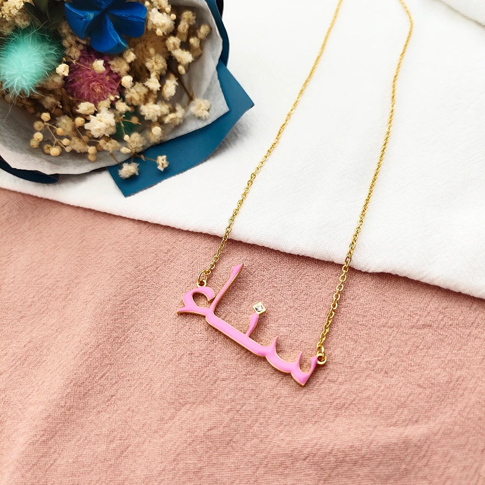 Enamel Arabic Necklace with Genuine Diamonds Outline, Your choice of Color, Diamond Initial Choker , Custom Enamel Necklace