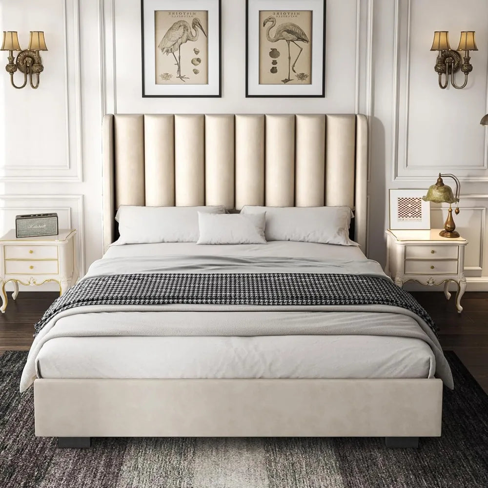 Bed Frame with 51.2" Tall Headboard, Velvet Wingback Tufted Design, Wood Slats Support, No Box Spring Required, Noise-Free