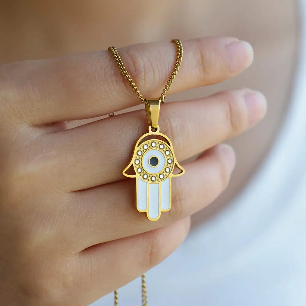 Gold Color Palm Fatima Pendant Necklace For Women Stainless Steel Lucky Turkish Evil Eye Choker Necklaces Aesthetics Jewelry