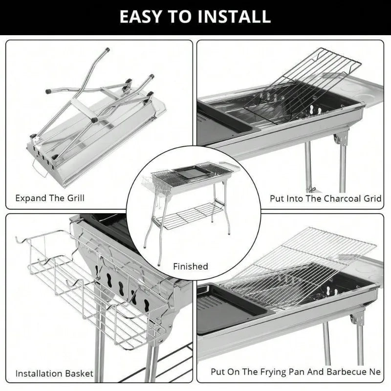Portable Charcoal Grill, Stainless Steel with Foldable Stand Adjustable Vents, Garden Backyard Party Picnic Travel Outdoor Use