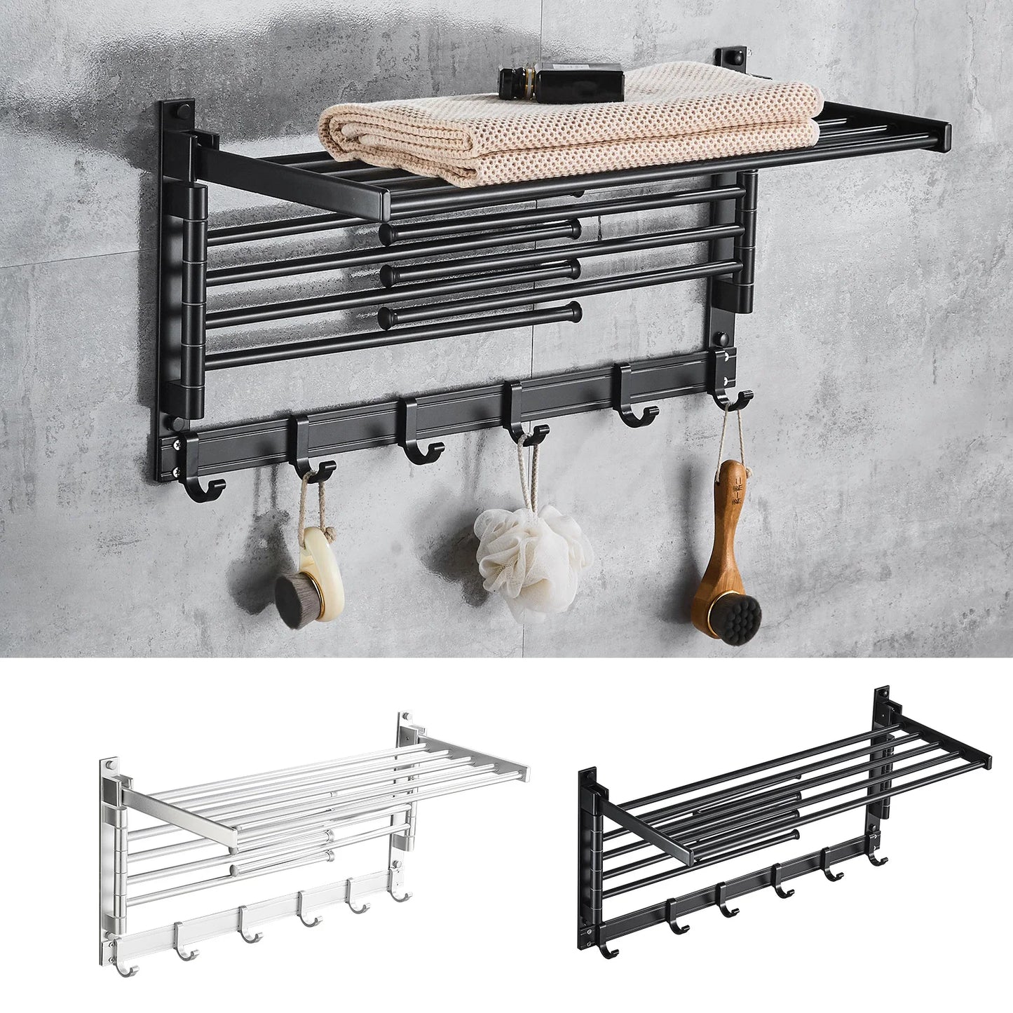 Laundry Clothes Drying Rack Bathroom Towel Rack Wall Mounted Towel Holder w/Hook