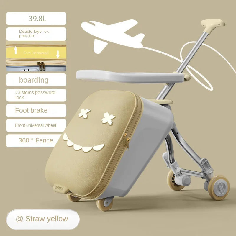 New Children's Luggage Can Sit Ride on Trolley Luggage Foldable Suitcase Brake Wheels Baby Suitcase Trip Cabin Carry-Ons