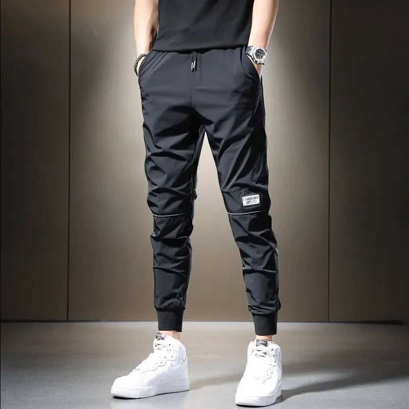 Summer 2023 Men's Casual Pants Black Grey Drawstring Joggers Lightweight Breathable Quick Dry Trousers Ice Silk Sportswear Man