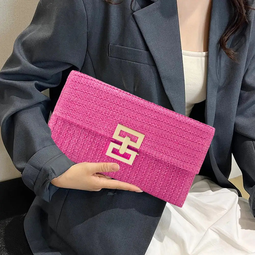 Foldable Women Clutch Bag Envelope Shape Portable Bohemian Style Clutch Double-layer Straw Braided Summer Beach Vacation Handbag