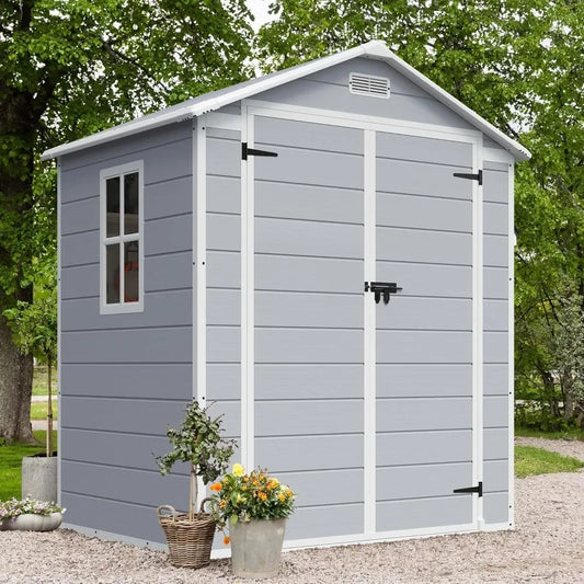 Outdoor Storage Shed, 6 x 4 FT Resin Shed with Floor and Lockable Door, Plastic Garden Tool Outside Sheds for Patio Backyard