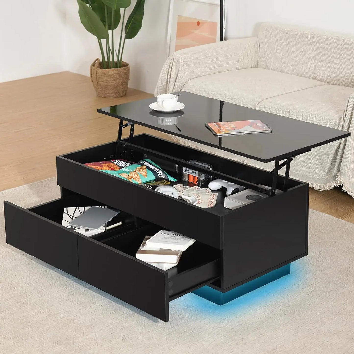 40'' Lift Top Coffee Table for Living Room, Black Coffee Tables with Storage, LED Modern Coffee Table Rectangular Black G