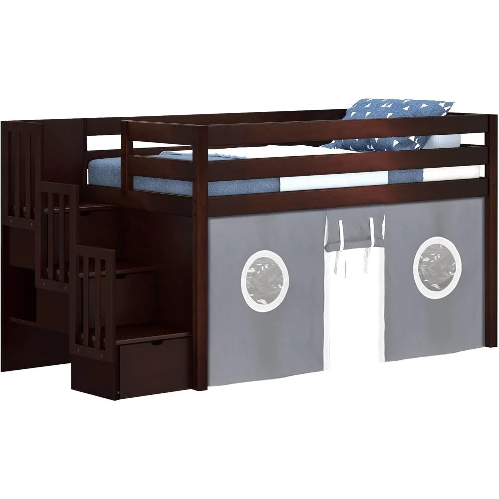 Kids Bed Frame, Contemporary Low Loft Twin Bed with A 3 Drawer Stairway, Cherry with Gray & White Tent, Bed Frame Children