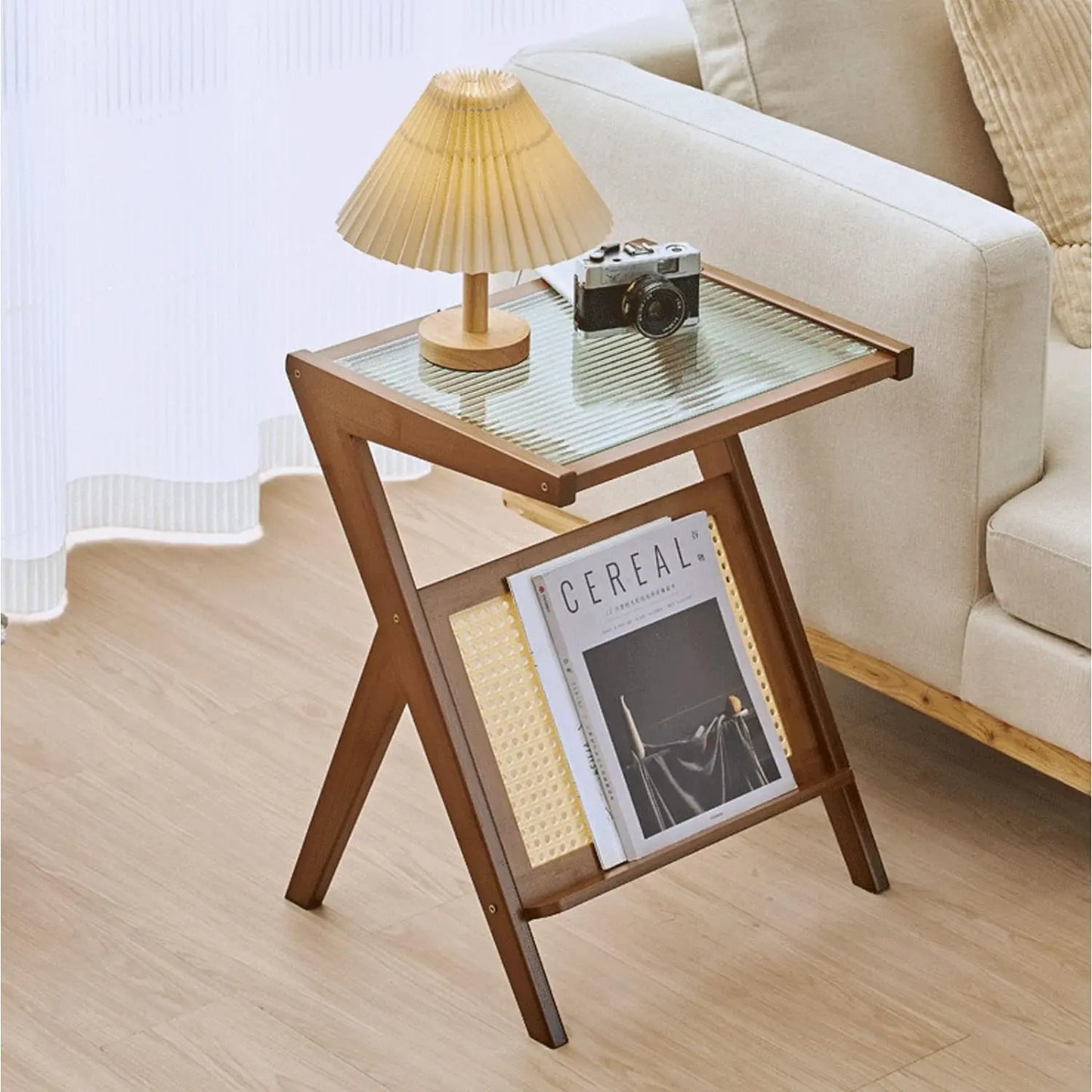 Rattan End Table with Magazine Rack Glass-top Bamboo Sofa Side Table Bedside Z Shaped Coffee Table for Bedroom Living Room Small