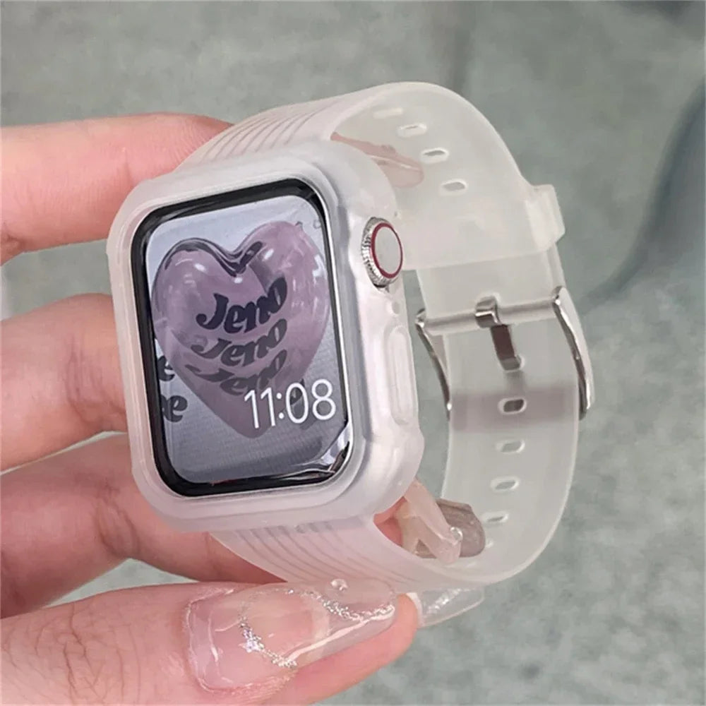 Stripe Sport Matte Band + Case For  Watch 44 45 49 42mm 40/38 For iWatch 7 8 6 5 SE 41 Silicone Women Clear Bracelet Strap