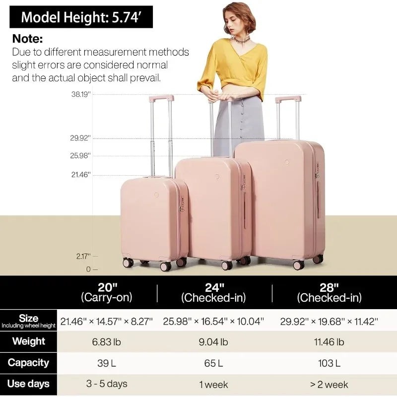 Mixi 3-Piece Luggage Set Hardside PC Travel Suitcase Rolling Bag Spinner Wheels TSA Lock, 20+24+28 Pink, with Cover