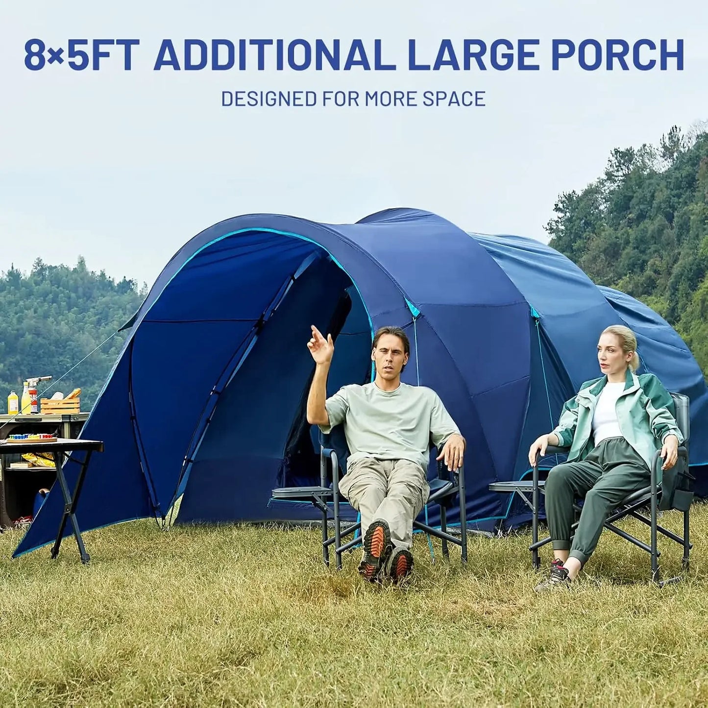8 Person Camping Tent with Large Porch Portable Waterproof Windproof Family Tent with Rainfly Carry Bag Room Divider