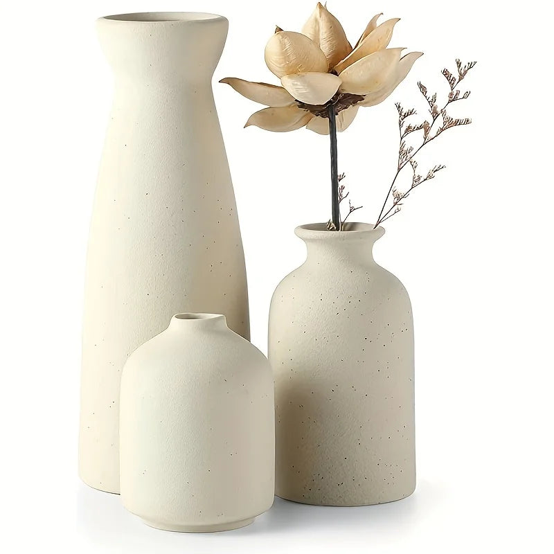 Distressed Ceramic Vase Set of 3, Modern Bohemian Farmhouse Home Decor, Pampas Grass Dried Flowers Vases for Living Room, Dining