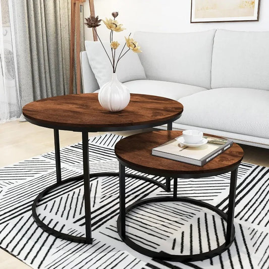 Round Coffee Table Set of 2 Modern Nesting Side End Table for Living Room,Round Wooden Coffee Table with Solid.