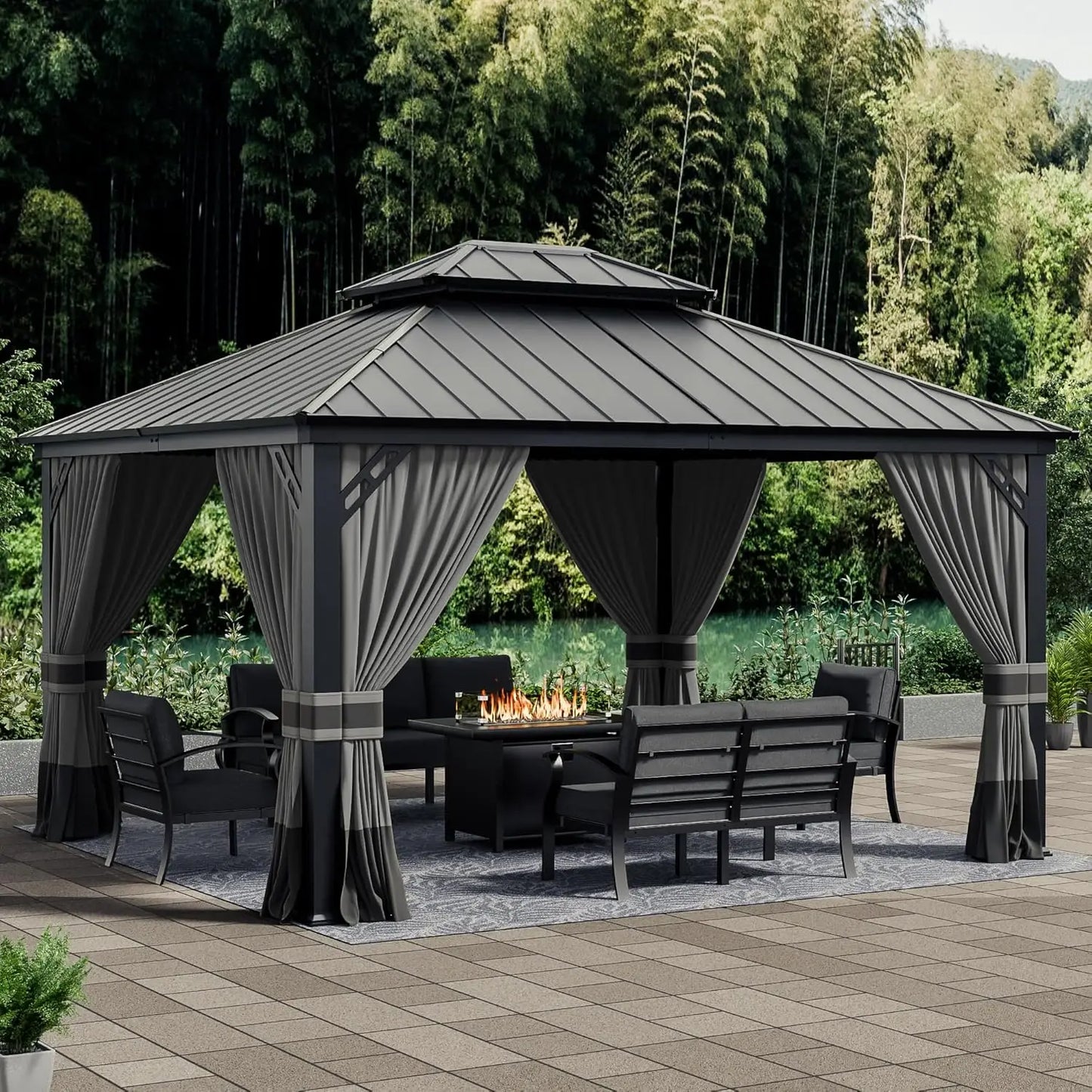 12x20ft Hardtop Gazebo Double Roof, Outdoor Pavilion with 2-Layer Hard top Galvanized Iron Frame Garden Tent