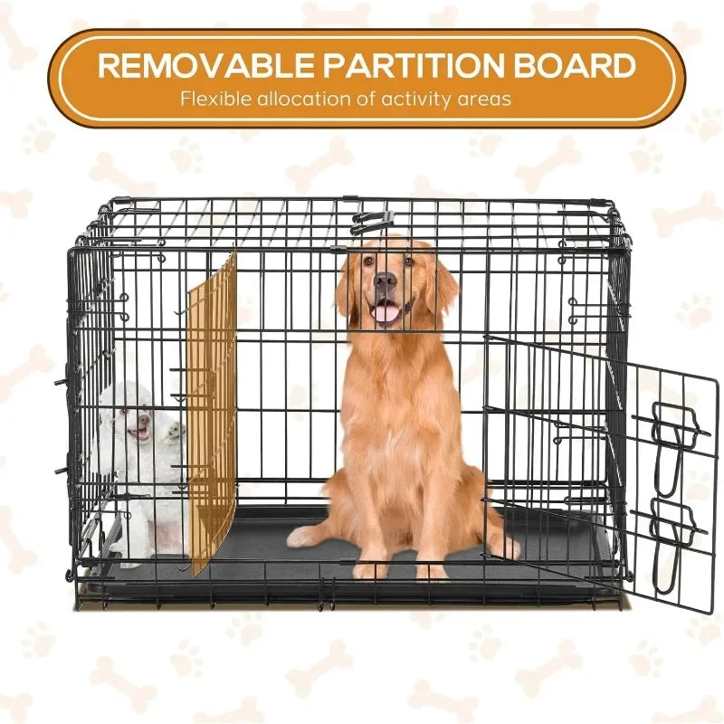 Dog Crate, 30 Inch Medium Wire Kennel with Divider Panel, Metal Cages with Double Door, Leak-Proof Pan Tray, Folding Portable