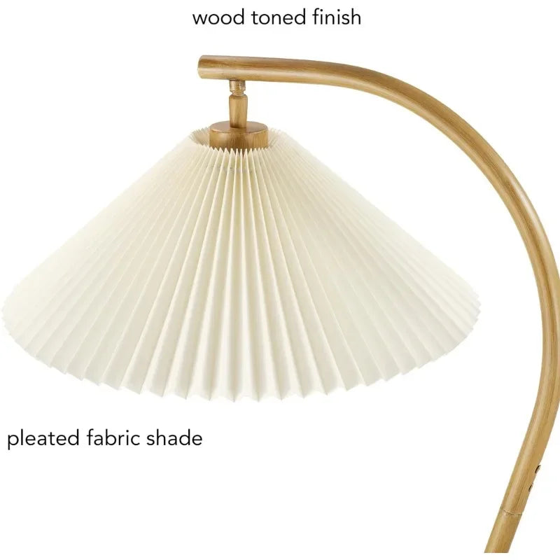 62" Floor Lamp, Faux Wood Finish, White Pleated Fabric Shade, Pivot Joint on Shade, Black Cord, Reading Lamp