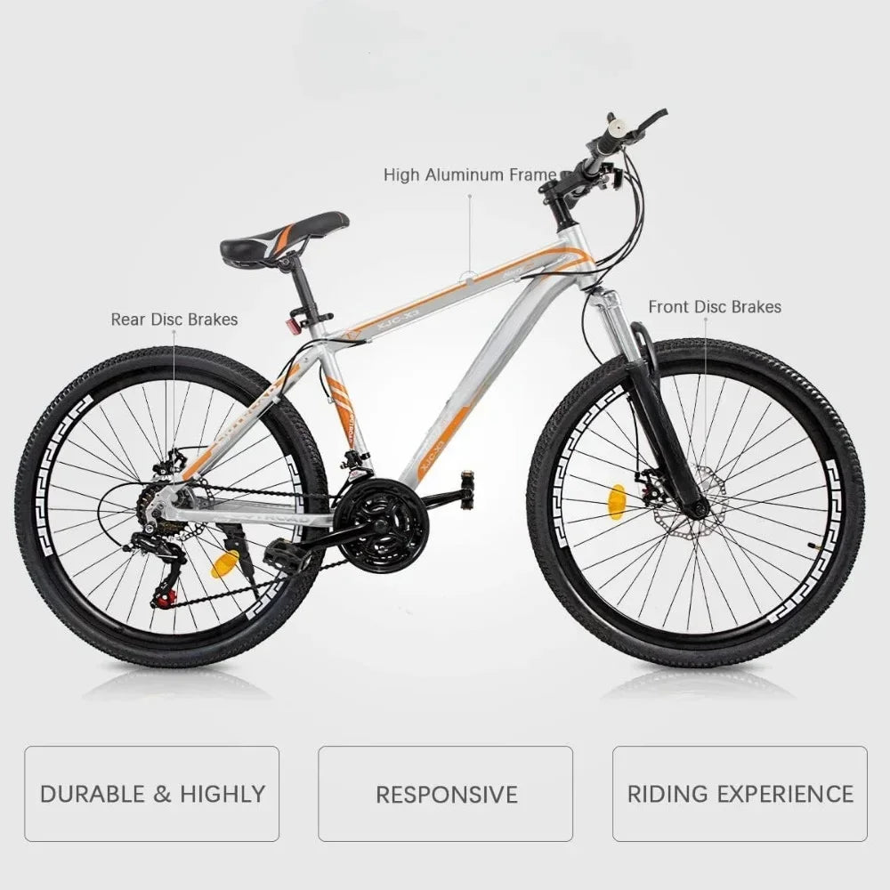 26 Inch Mountain Bike, Aluminum Frame, 21-Speed Dual Disc Brake Bicycle with Lock-Out Suspension Fork, Nomal Wheels Bicycles