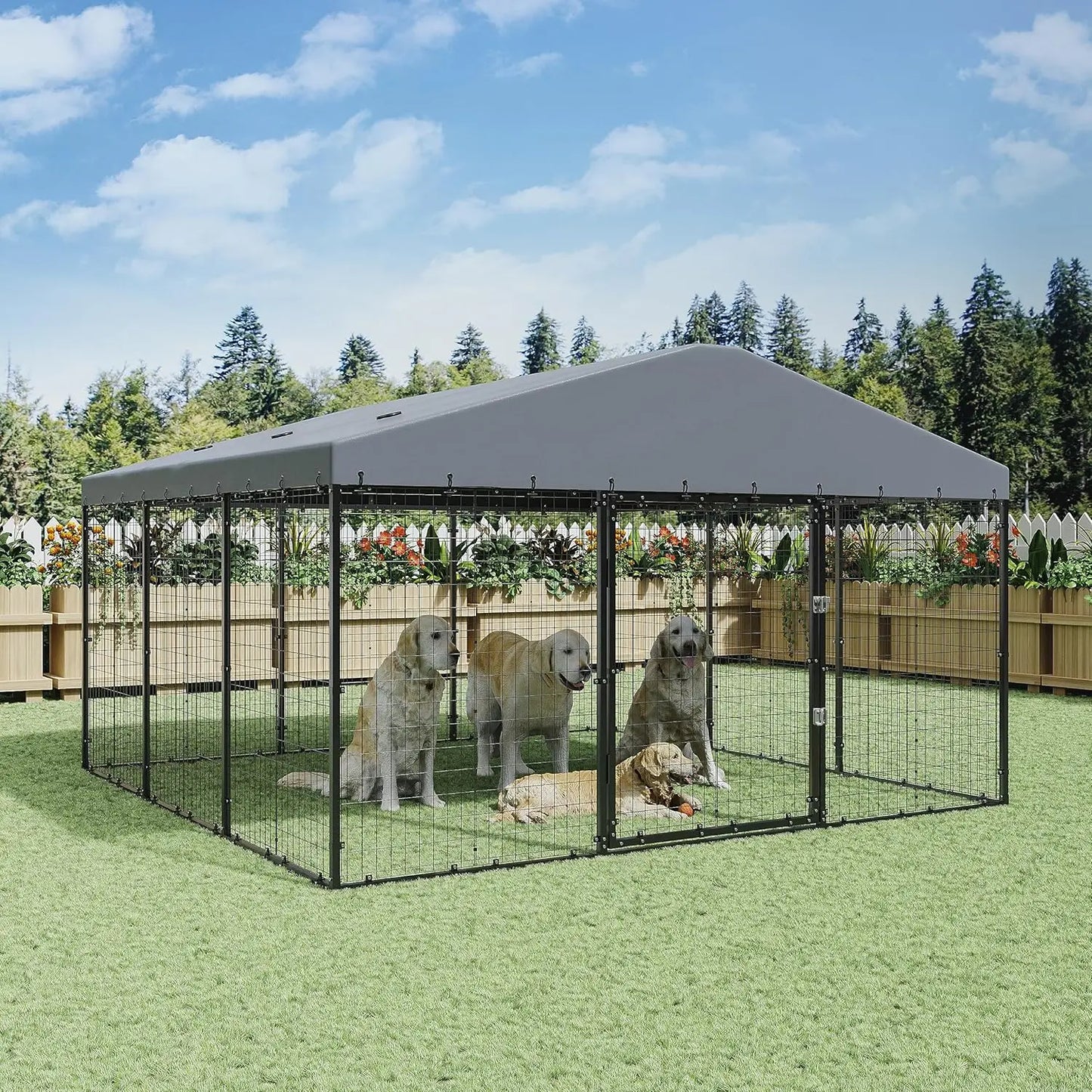 Large Dog Kennel with Roof, for Big Dogs, Galvanized Steel Dog Fence Pen with Ground Nails and Double Safety Rotate Door Lock