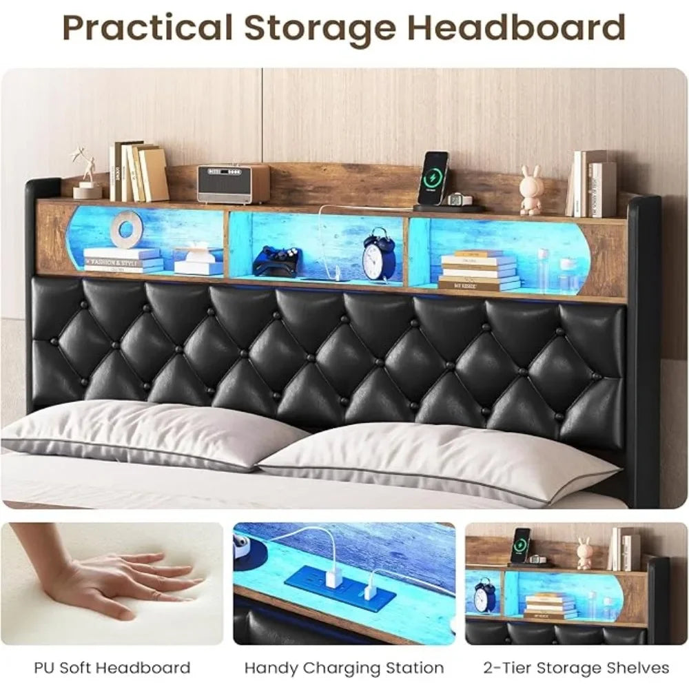Lift Up Storage Bed Frame, Queen Platform Bed with Storage,LED Lights,Charging Station, Upholstered Storage Headboard,Bed Bases