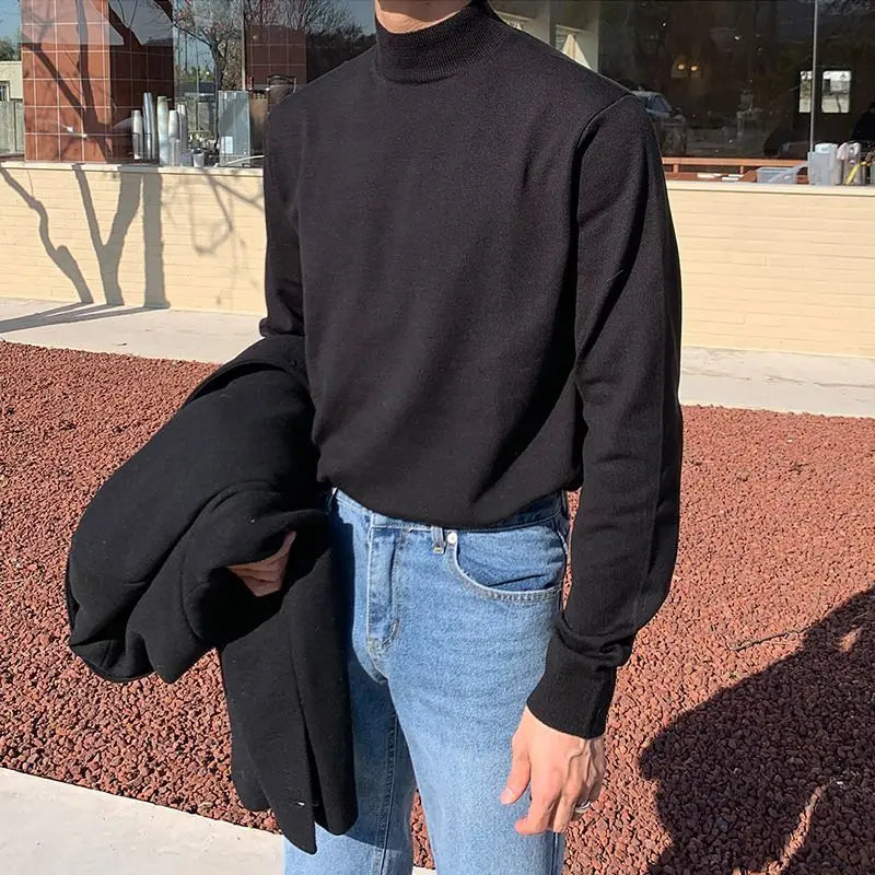 Half Turtleneck Sweater Men's Long-sleeved Korean Solid Color Knit Sweater Underwear Bottoming Shirt Casual Versatile Male