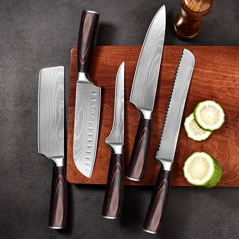 PLYS Kitchen Knife Set Damascus Pattern Laser Engraved Stainless Steel Sharp Japanese Chef's Knife