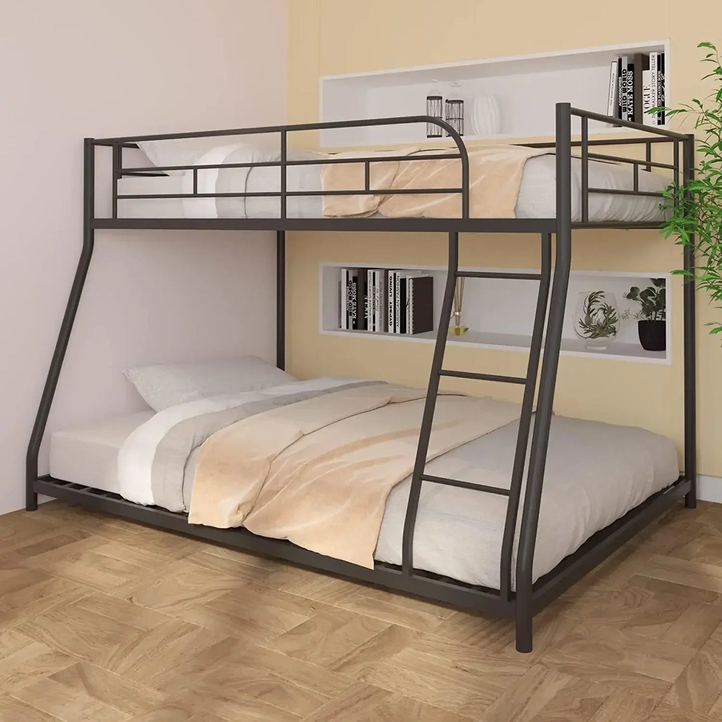 Twin Over Twin Metal Bunk Bed Trundle Frame with 2 Side Ladders Convertible Bunkbed Safety Guard Rails,No Box Spring Needed