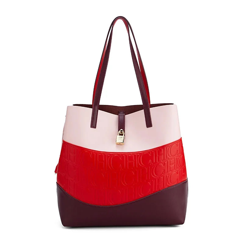 CH Versatile Trend Tote Bag Leather Solid Color Splicing Large Capacity Crossbody Bag Simple Fresh Style Commuting Shoulder Bag