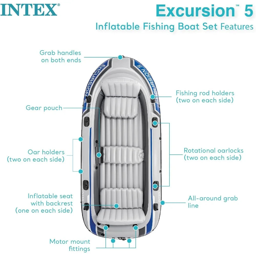 Excursion 5 Person Inflatable Boat Set with 2 Aluminum Oars and Pump, 12V Transom Mount Boat Trolling Motor