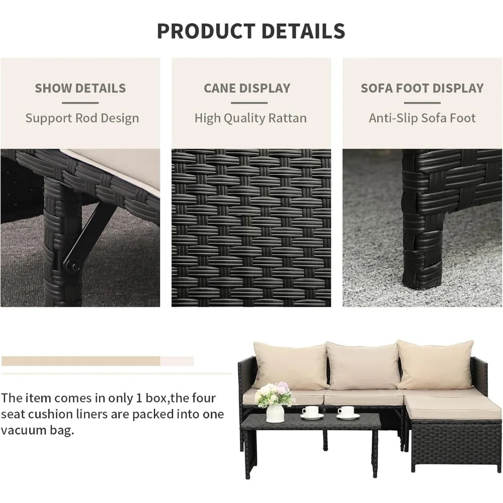 3-Piece Outdoor PE Rattan Furniture Set Patio Black Wicker Conversation Loveseat Sofa Sectional Couch Khaki Cushion