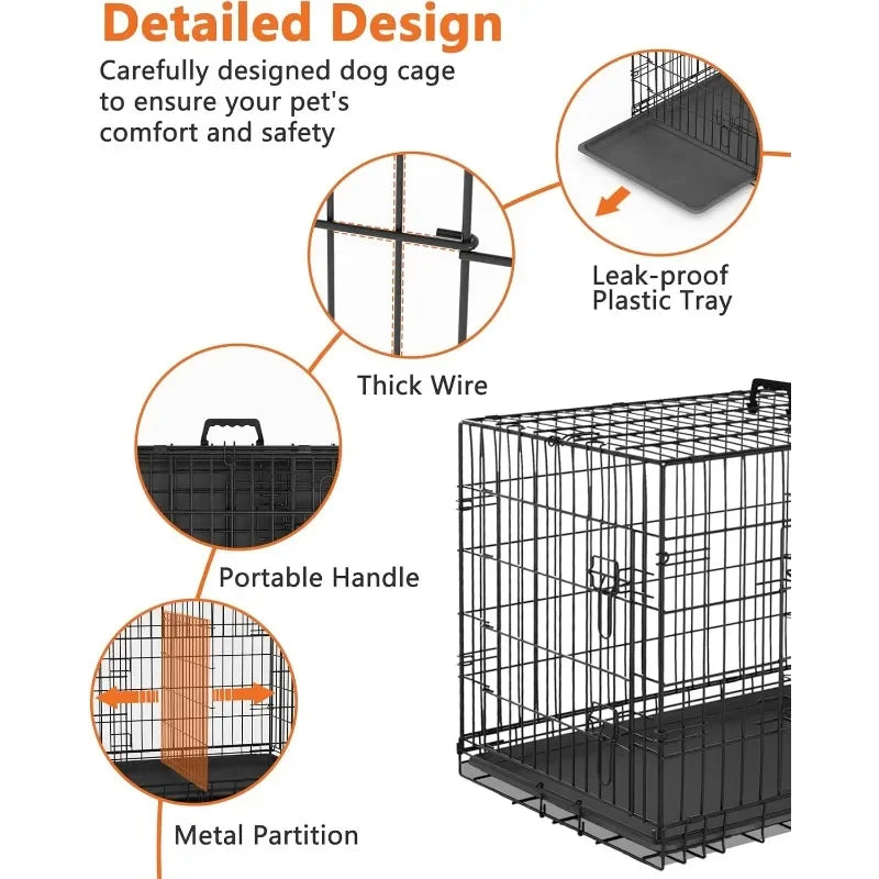 30 Inch Double Door Medium Dog Crate with Divider Panel and Leak- Proof Pan Tray, Folding Metal Wire Pet Kennel for Indoor，Grey