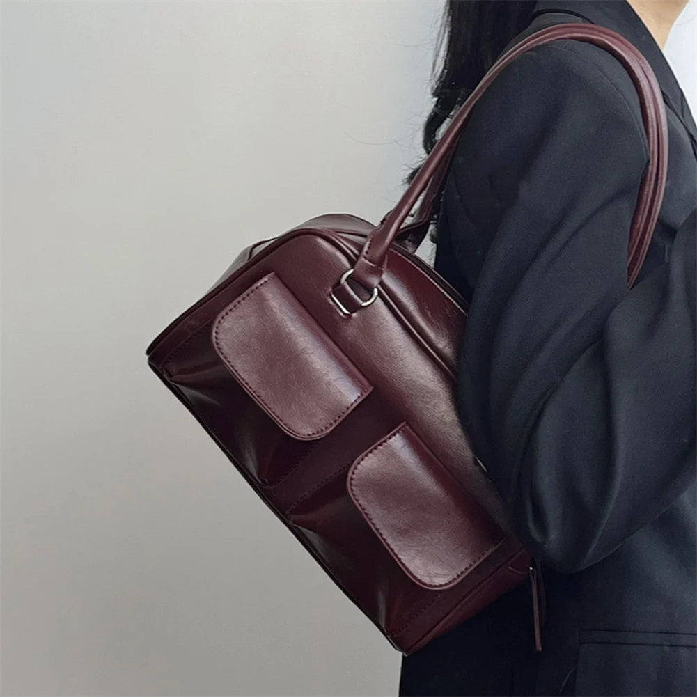 Retro Women's Satchel Hobo Bag PU Leather Shopping Bag Fashion Solid Designer Armpit Bag Casual Double Pocket Hand Underarm Bag