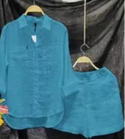 Casual Cotton And Linen Women Shirt Short Two Piece Sets Solid Color Loose Short Sleeve Top Shorts Fashion Suit Tracksuit Summer