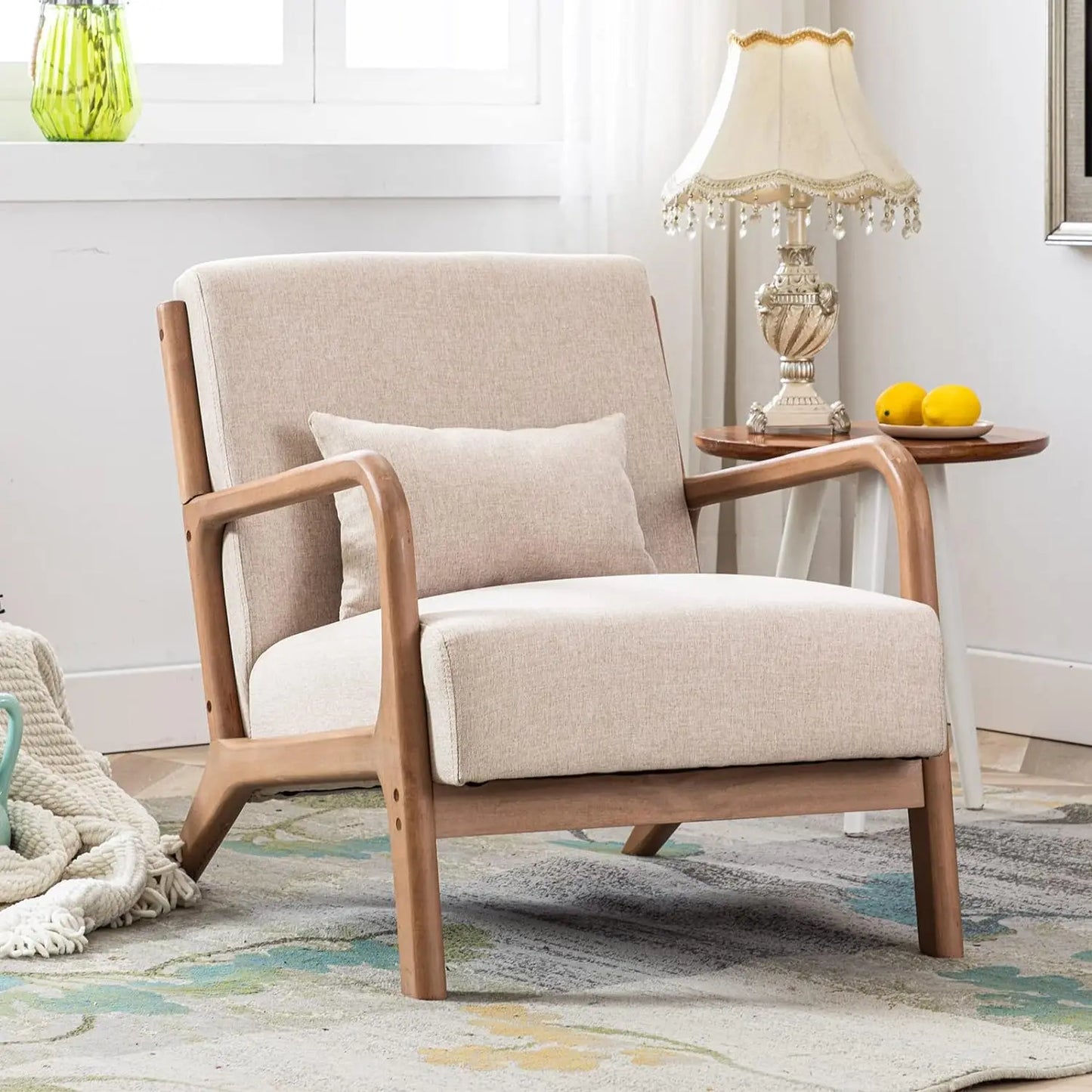 Mid Century Modern Accent Chairs Set of 2, Single Fabric Lounge Reading Armchair with Solid Wood Frame,Easy Assembly Arm Chairs