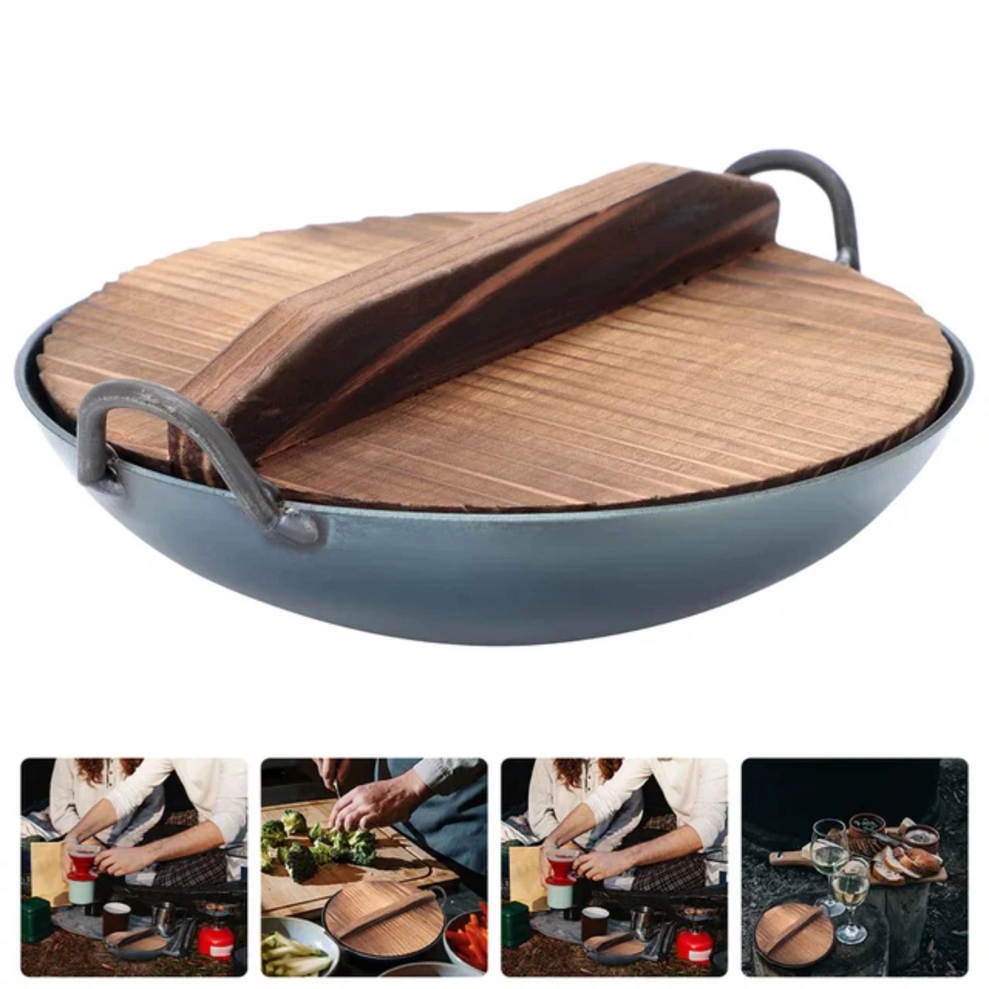 Non-Stick Decor Chinese Wok, Stir Fry Skillet with Wooden Lid and Double Ear, Everyday Mini Cookware Pan