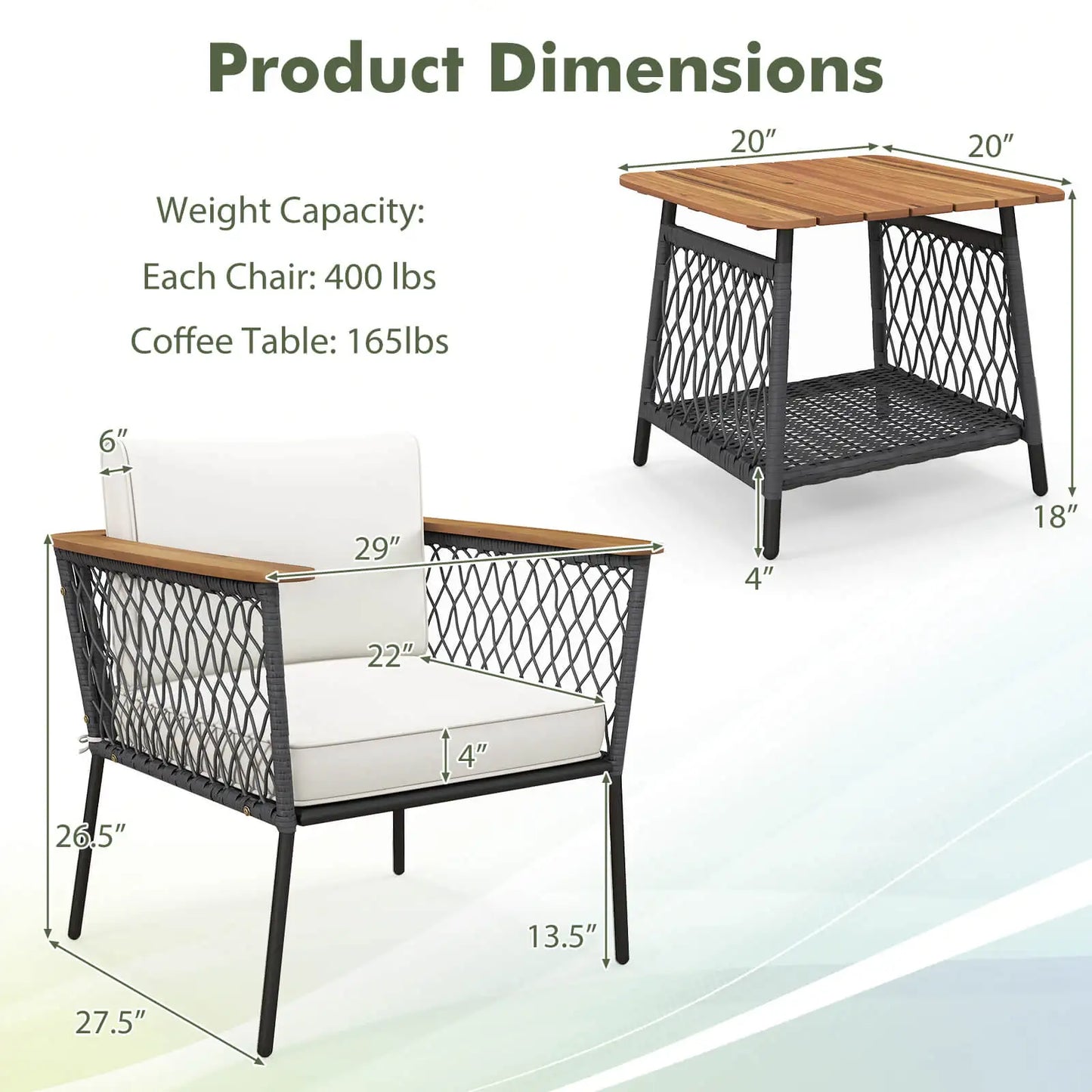 3 PCS Patio Furniture Set with 2-Tier Coffee Table Acacia Wood Armrests Tabletop