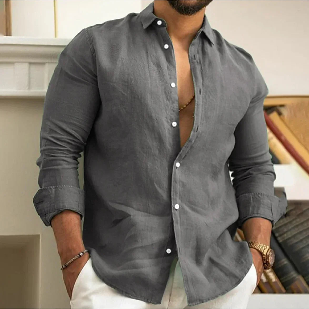 Men's Summer Beach Shirt Linen Button Up Long Sleeve Plain Lapel Spring & Summer Casual Daily Clothing