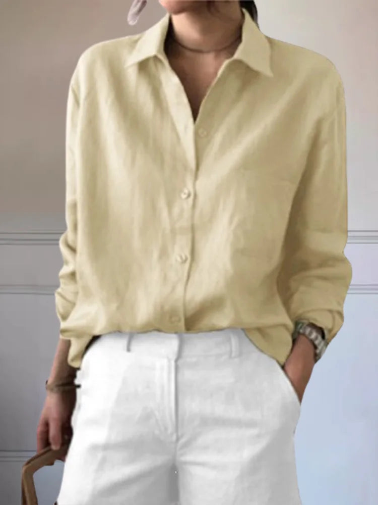 Classic Solid Color Shirt Women's Button Long Sleeve V Neck Blouse Elegant Spring Autumn Top