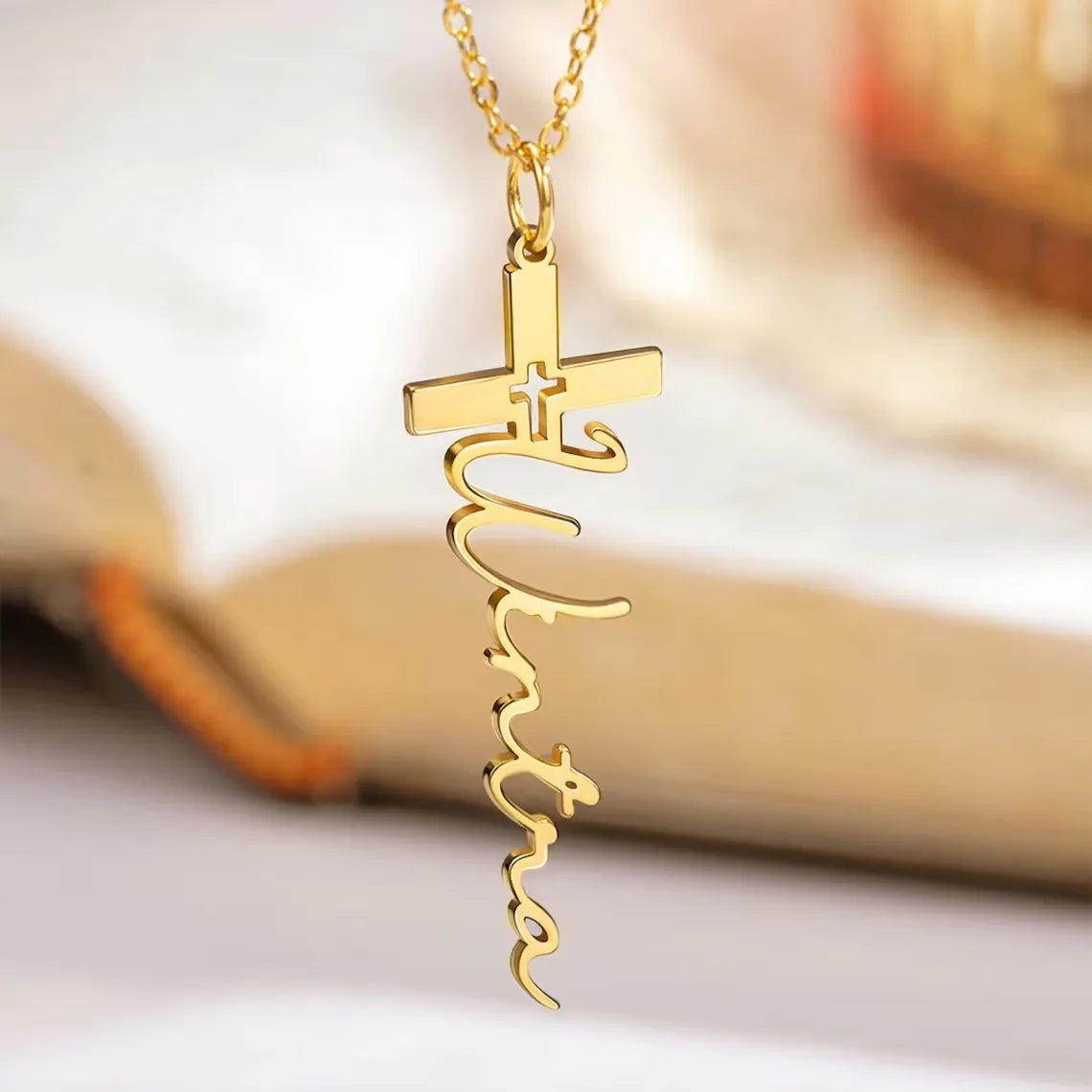 Custom Cross Name Necklace Women Lady Christian Jewelry Stainless Steel Personalized Gold Color Nameplate Pendant Necklace