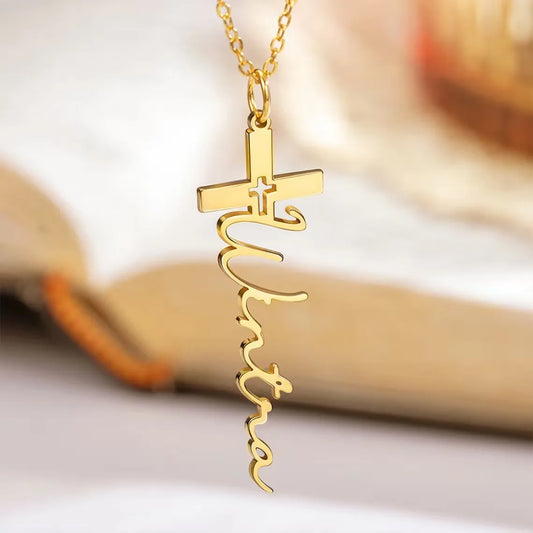 Custom Cross Name Necklace Women Lady Christian Jewelry Stainless Steel Personalized Gold Color Nameplate Pendant Necklace