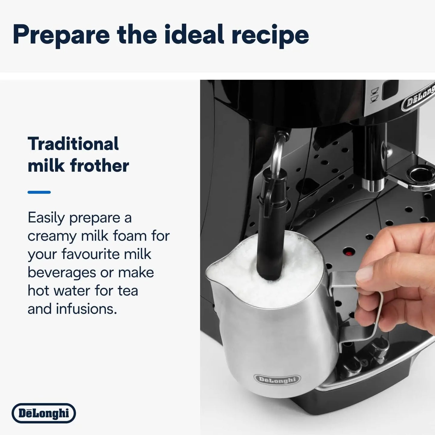 Magnifica S Automatic Espresso Machine with Milk Frother for Hot Coffee Drinks Recipes, Soft-Touch Control Panel, Black,